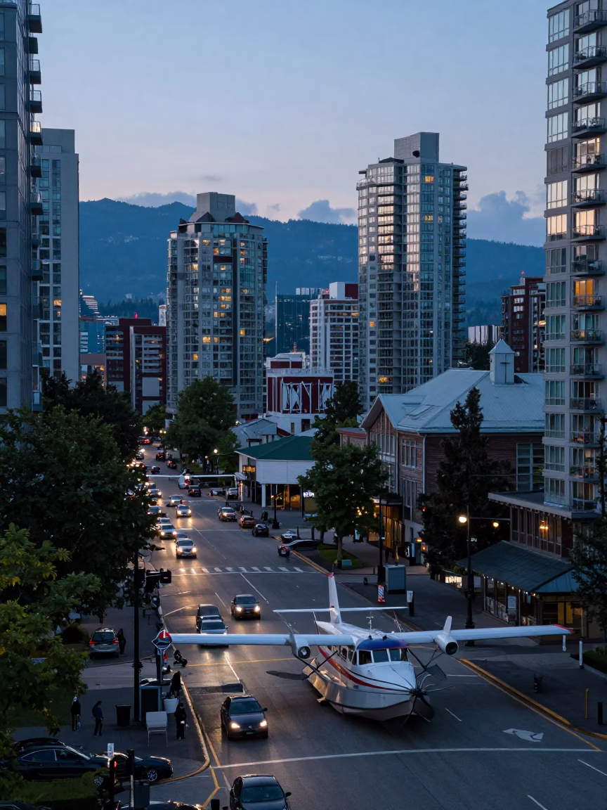 Busy Vancouver Street Corner at Dawn with Floatplane and Urban Details in in Vancouver, British Columbia, Canada