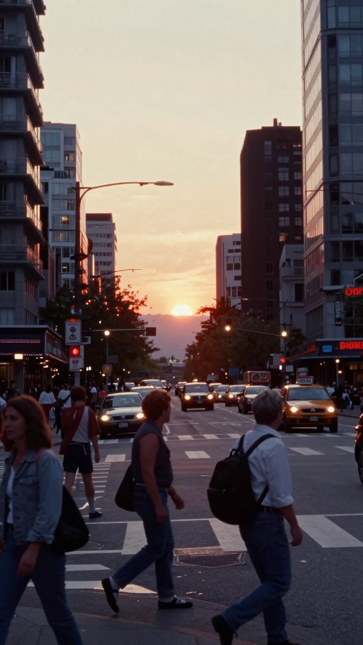 Busy Vancouver Street Corner at Sunset with Commuters and Urban Life in in Vancouver, British Columbia, Canada