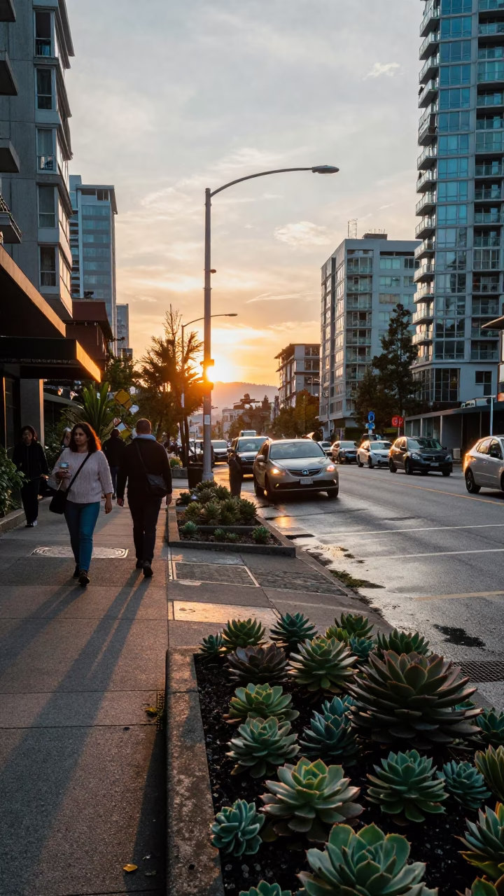 Busy Vancouver Street Corner at Sunset with Succulents and Teapot on Sidewalk in in Vancouver, British Columbia, Canada