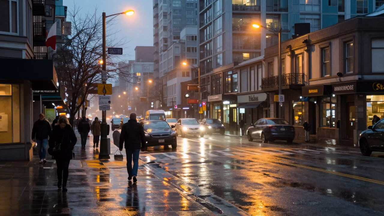Busy Vancouver Street Corner Before Sunrise with Condensation and Ceramic Pitcher in in Vancouver, British Columbia, Canada