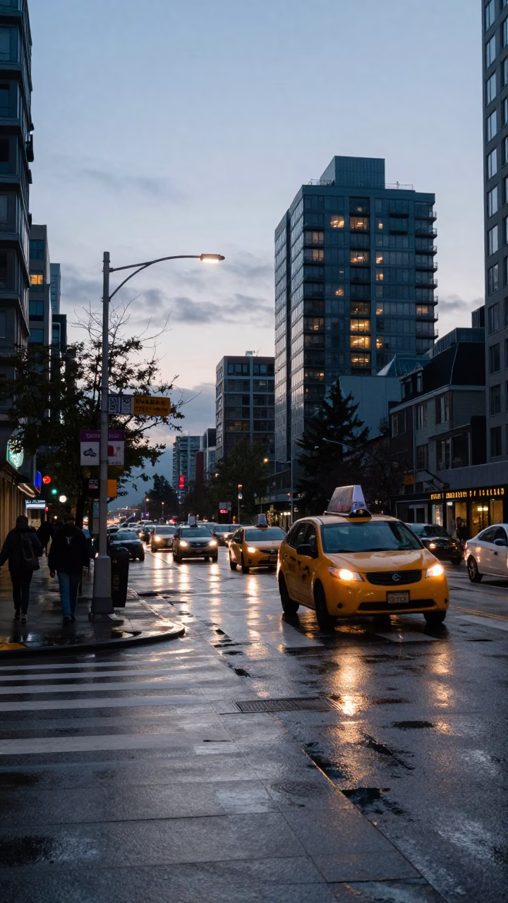 Busy Vancouver Street Corner Before Sunrise with Yellow Taxi and Wet Pavement Reflections in in Vancouver, British Columbia, Canada