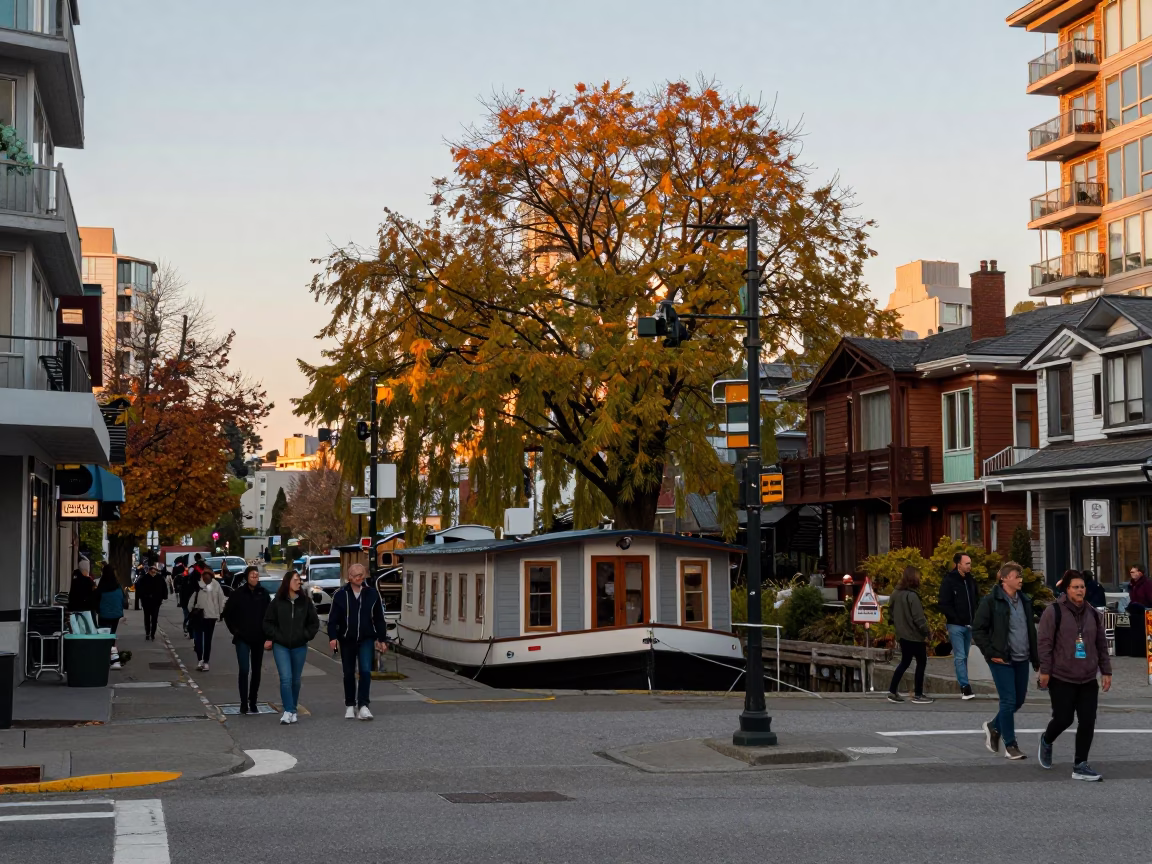 Busy Vancouver Street Corner Evening Scene with Houseboat and Harbor Life in in Vancouver, British Columbia, Canada