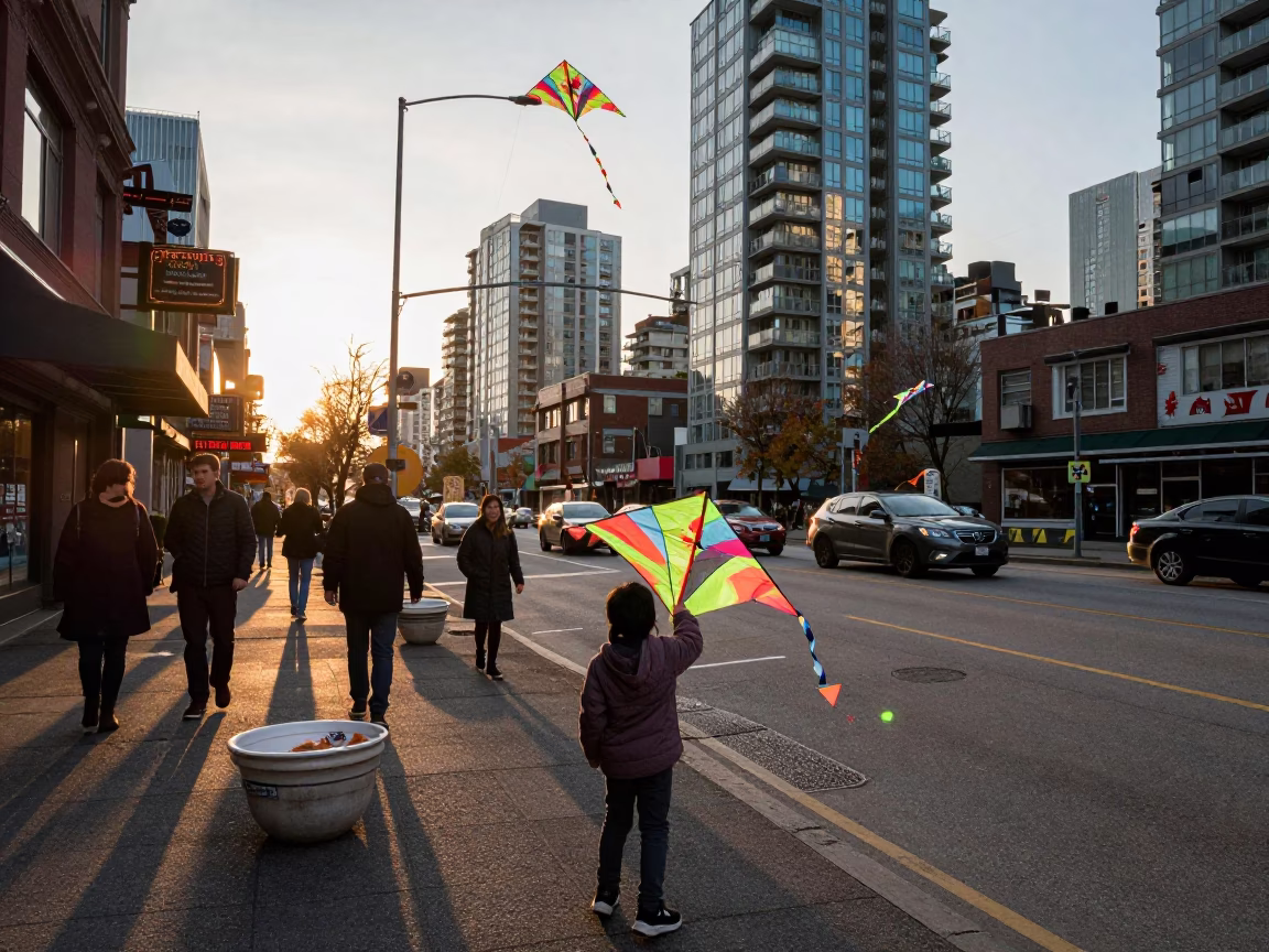 Busy Vancouver Street Corner Golden Hour with Kites and Soup Bowls in in Vancouver, British Columbia, Canada