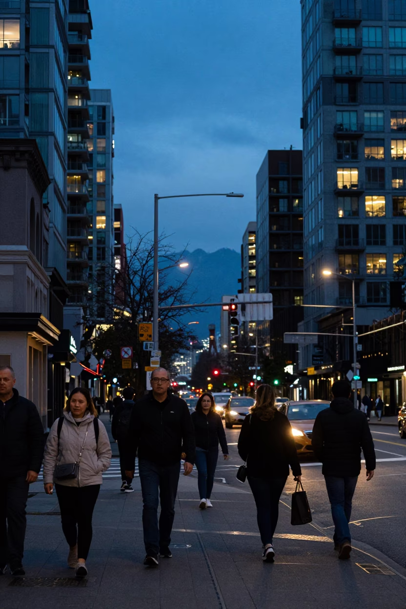 Busy Vancouver Street Corner in Early Evening with Pedestrians and City Lights in in Vancouver, British Columbia, Canada