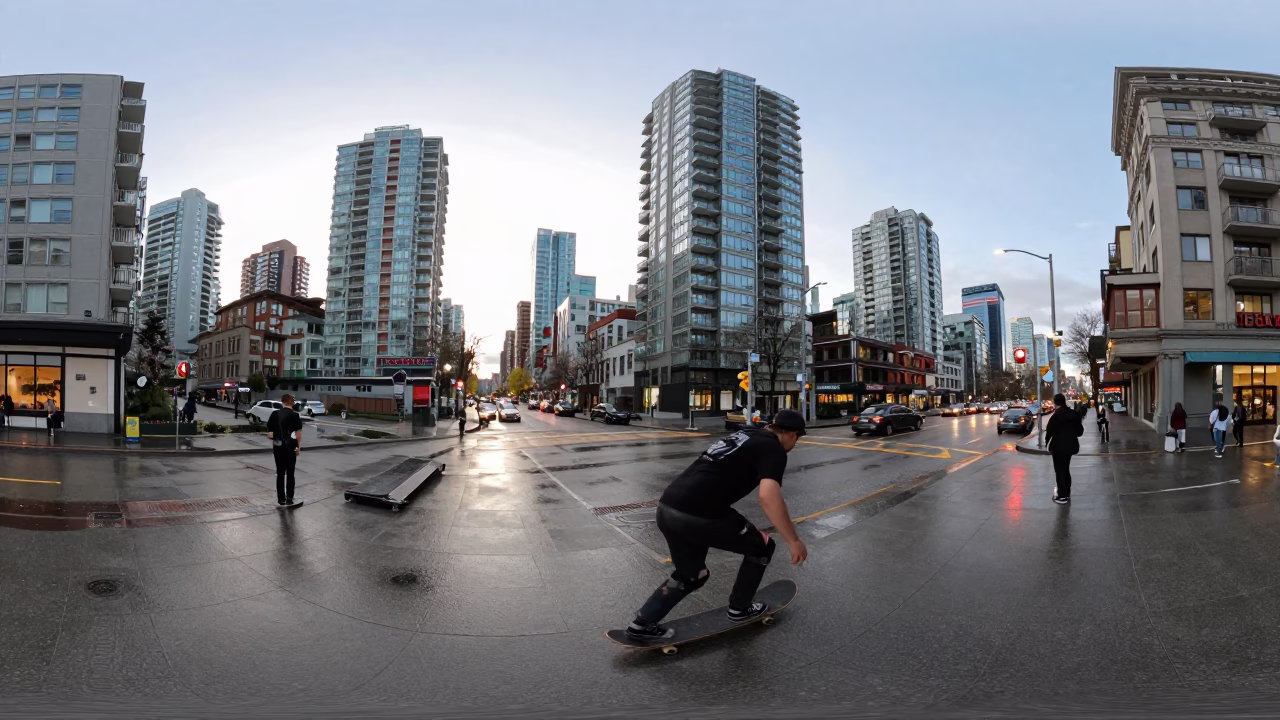 Busy Vancouver Street Corner Late Afternoon Skateboarder and Urban Life in in Vancouver, British Columbia, Canada