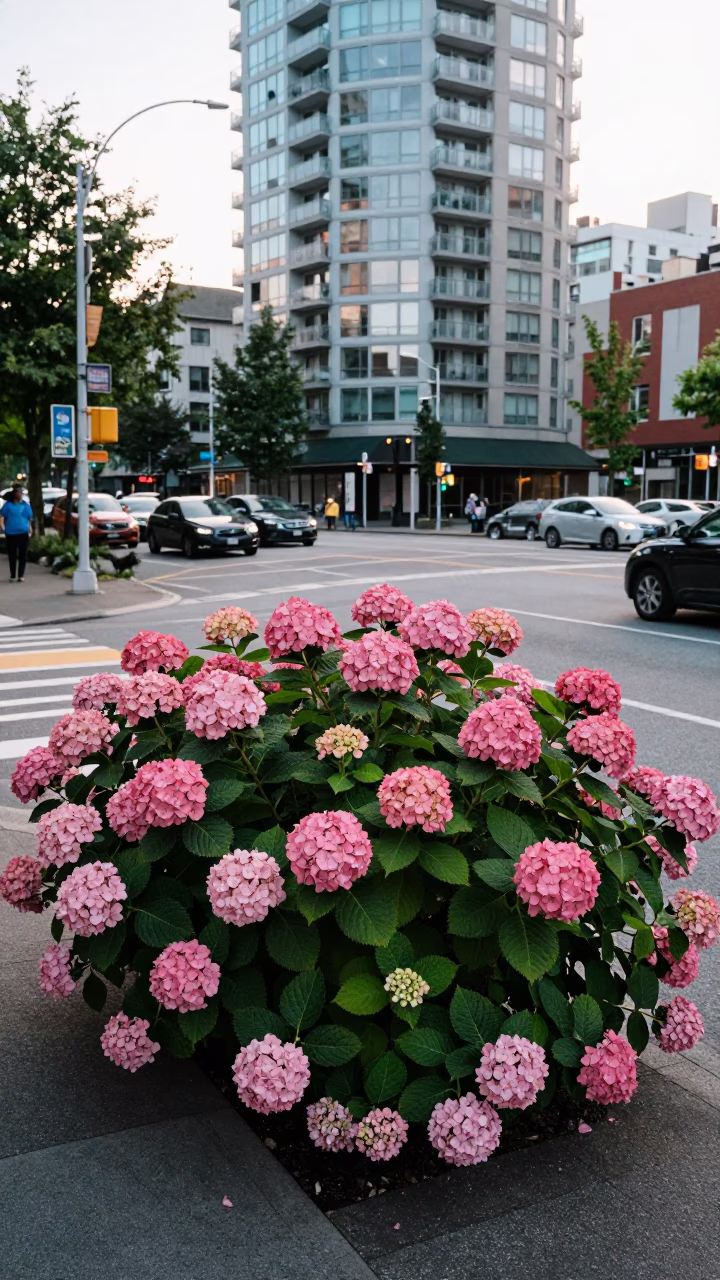 Busy Vancouver Street Corner Late Morning with Hydrangea Bush and Local Life in in Vancouver, British Columbia, Canada