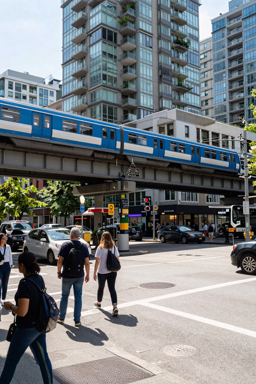 Busy Vancouver Street Corner Noon Light with Local Transit and Pedestrians in in Vancouver, British Columbia, Canada