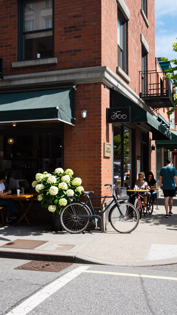 Busy Vancouver Street Corner with Bicycle and Hydrangeas in Bright Midmorning Light in in Vancouver, British Columbia, Canada