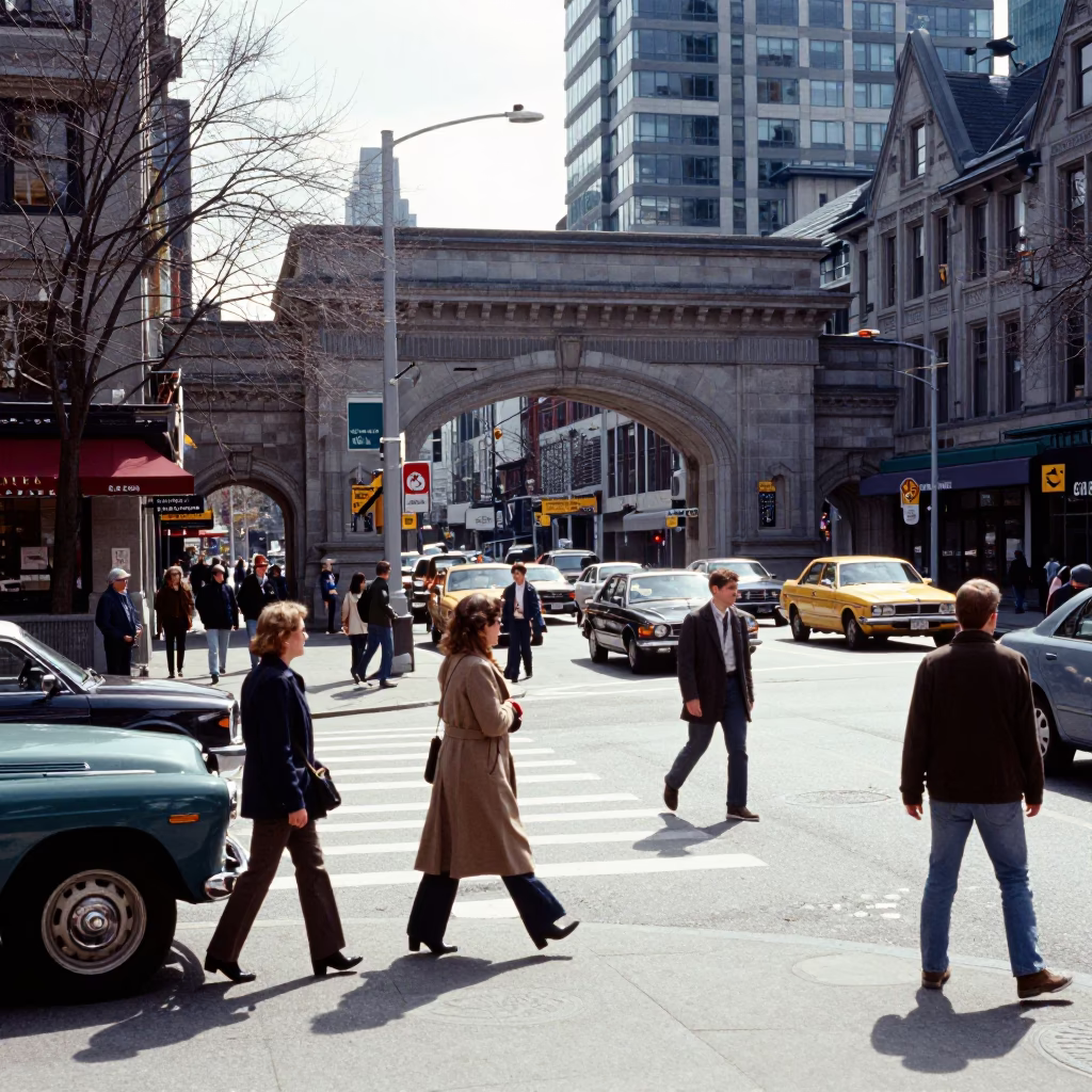 Busy Vancouver Street Corner with Vintage Cars and Pedestrians in Bright Midmorning Light in in Vancouver, British Columbia, Canada