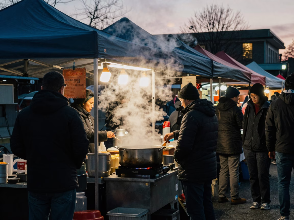 Busy Vancouver Street Food Stall at Dawn with Nyama Choma and Fresh Radishes in in Vancouver, British Columbia, Canada