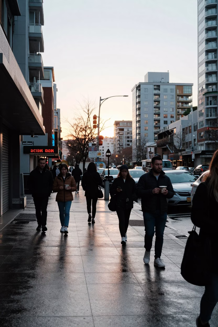 Busy Vancouver Street Scene After Sunrise with Ramen and Ferry Traffic in in Vancouver, British Columbia, Canada