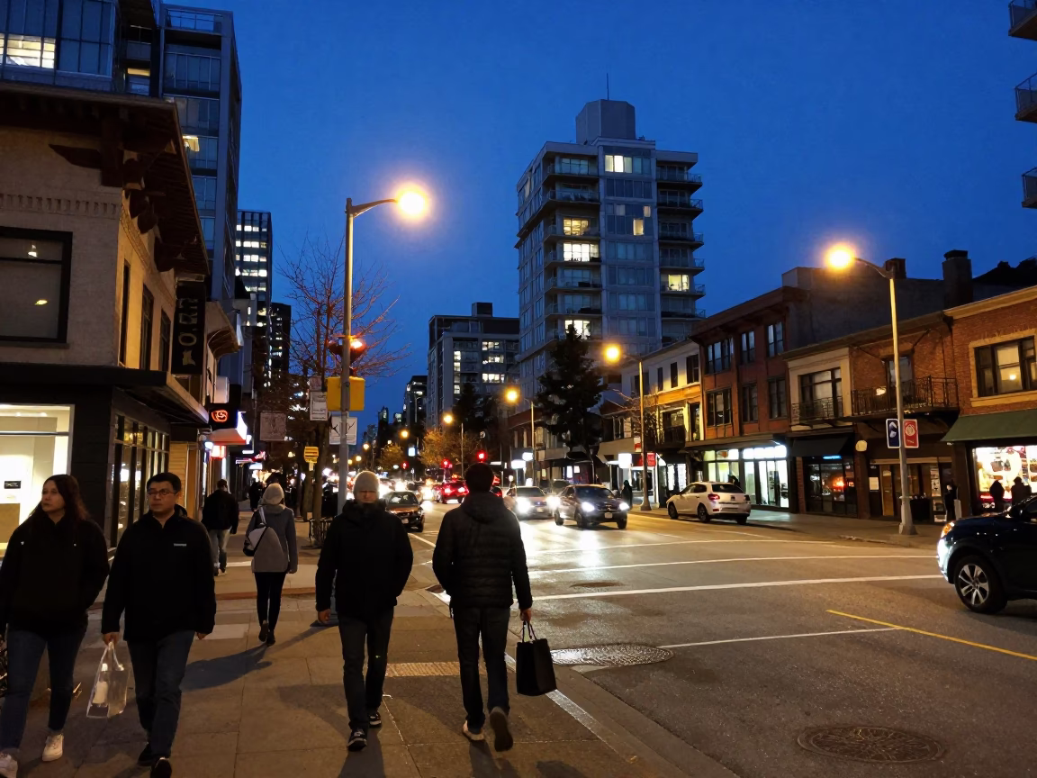 Busy Vancouver street scene at blue hour with pedestrians and urban architecture in in Vancouver, British Columbia, Canada