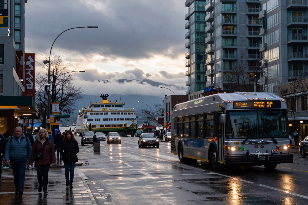 Busy Vancouver Street Scene at Dawn with Ferry and Rain in in Vancouver, British Columbia, Canada