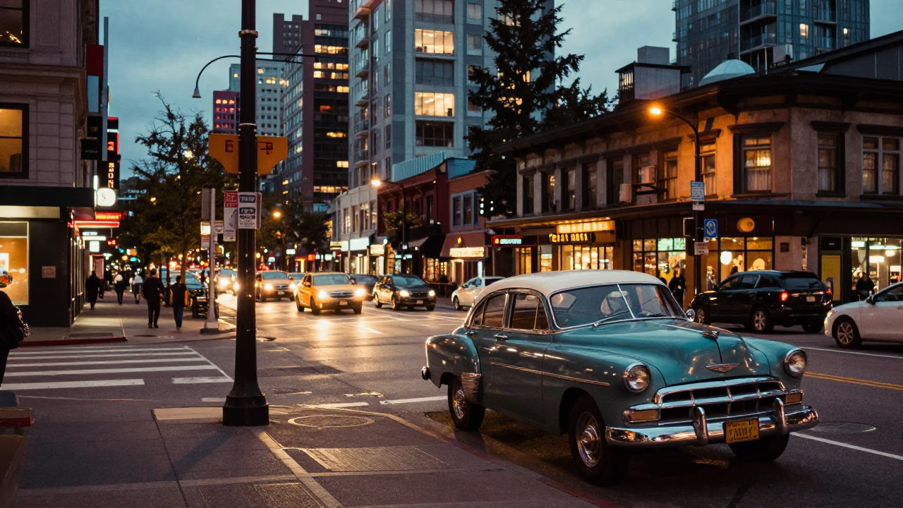 Busy Vancouver Street Scene at Dusk with Vintage 1950s Cars and City Lights in in Vancouver, British Columbia, Canada