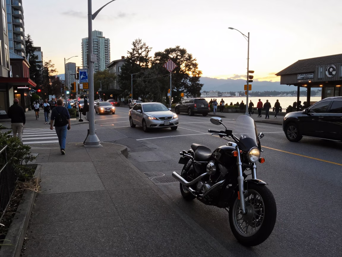 Busy Vancouver Street Scene at Golden Hour with Motorcycle and Coastal Elements in in Vancouver, British Columbia, Canada