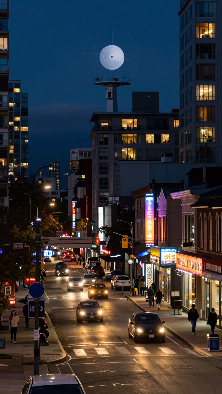 Busy Vancouver Street Scene at Midnight with Weather Radar Installation Above Coastal Bluff in in Vancouver, British Columbia, Canada