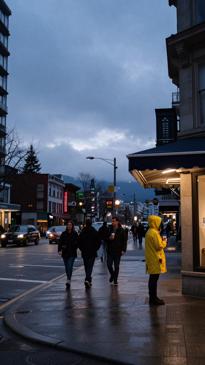 Busy Vancouver Street Scene at Nautical Dawn with Coffee Shop and Cityscape in in Vancouver, British Columbia, Canada