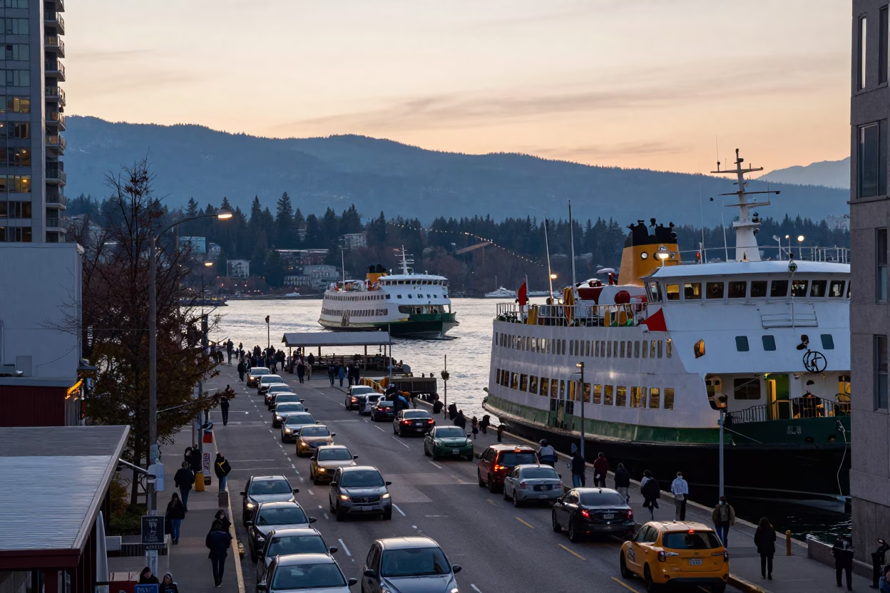 Busy Vancouver Street Scene at Nautical Dawn with Ferry and Mountains in in Vancouver, British Columbia, Canada