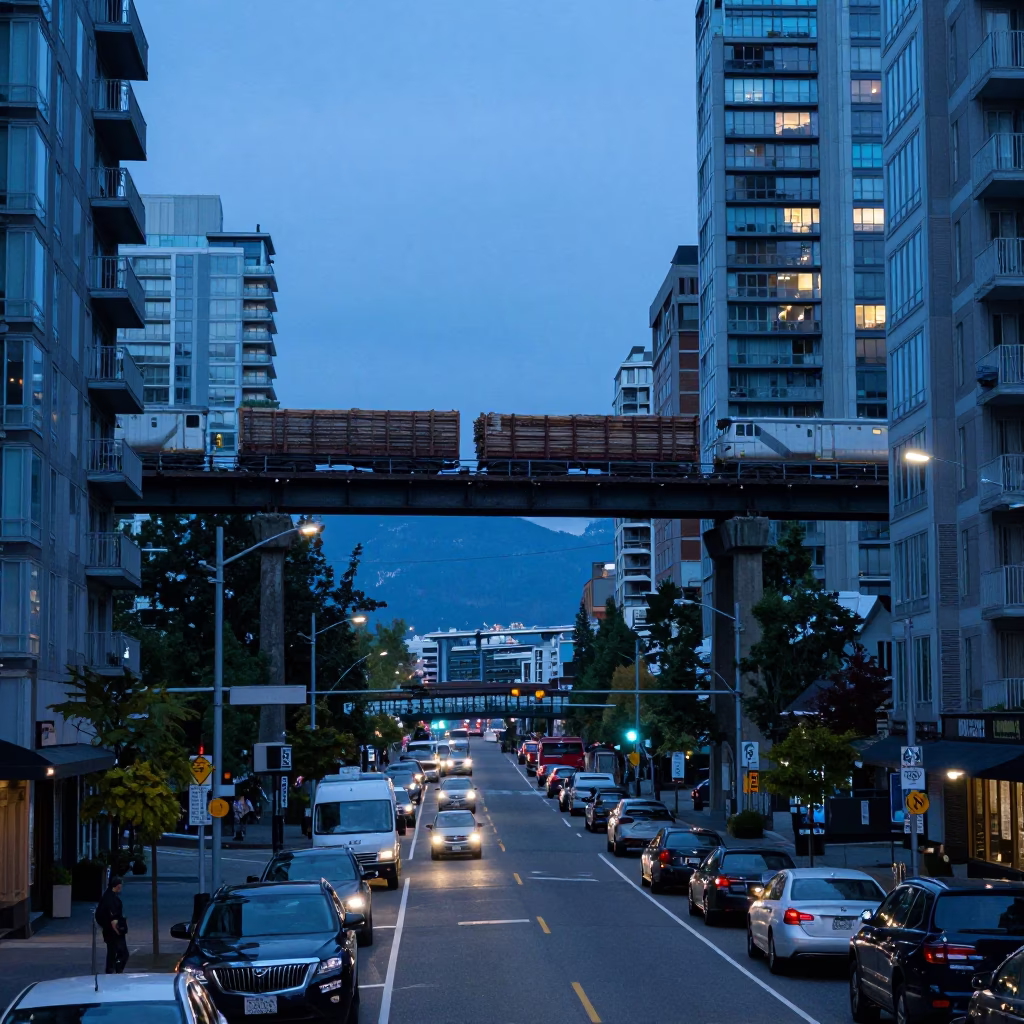 Busy Vancouver Street Scene at Nautical Dawn with Freight Train and Vintage Car Rally in in Vancouver, British Columbia, Canada