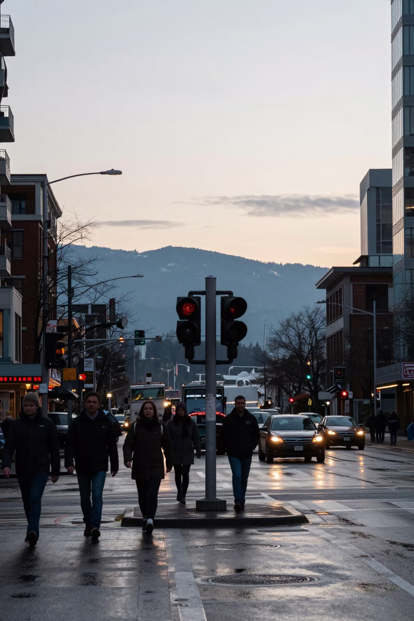 Busy Vancouver Street Scene at Nautical Dawn with Signal Gantry and Mist in in Vancouver, British Columbia, Canada