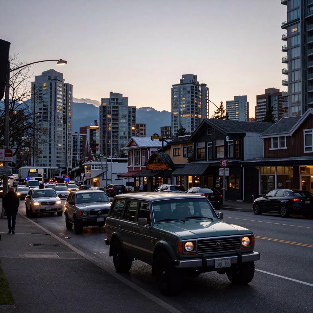 Busy Vancouver Street Scene at Nautical Dawn with Vintage SUV and Urban Details in in Vancouver, British Columbia, Canada
