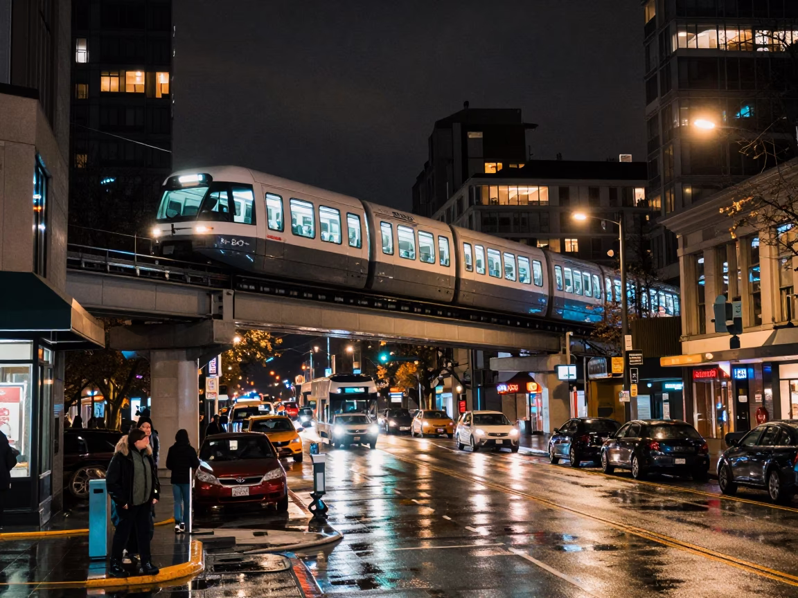 Busy Vancouver Street Scene at Night with Monorail and Neon Signs in in Vancouver, British Columbia, Canada