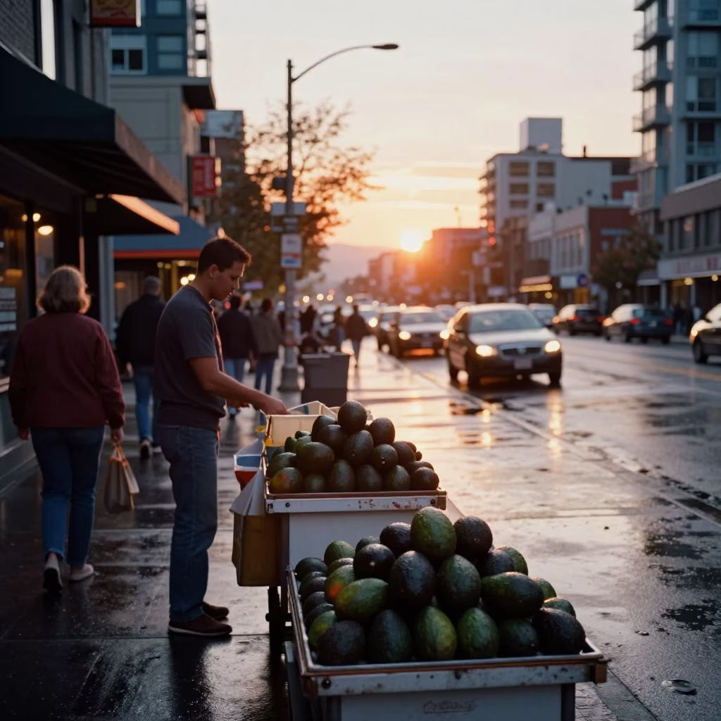 Busy Vancouver street scene at sunset with avocados and urban life in in Vancouver, British Columbia, Canada