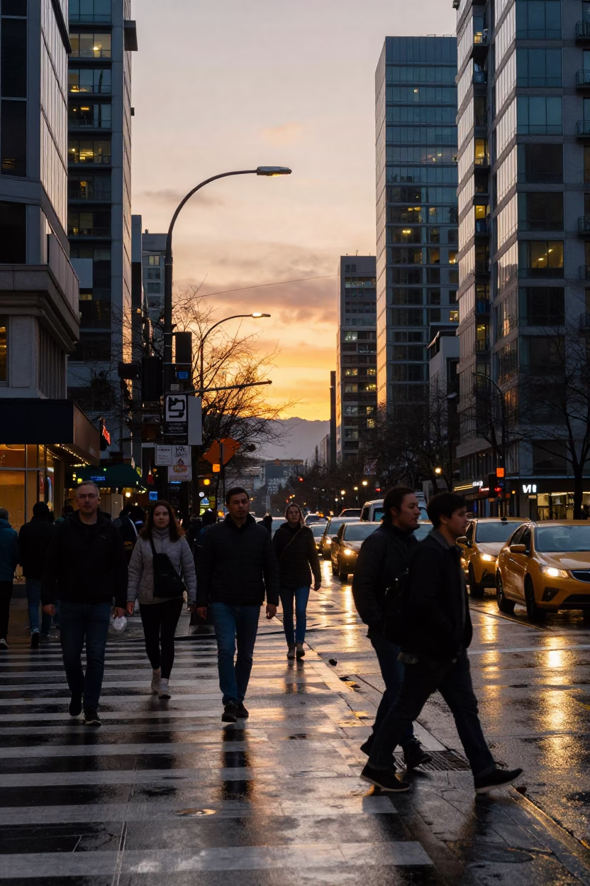 Busy Vancouver Street Scene at Sunset with City Lights and Pedestrians in in Vancouver, British Columbia, Canada