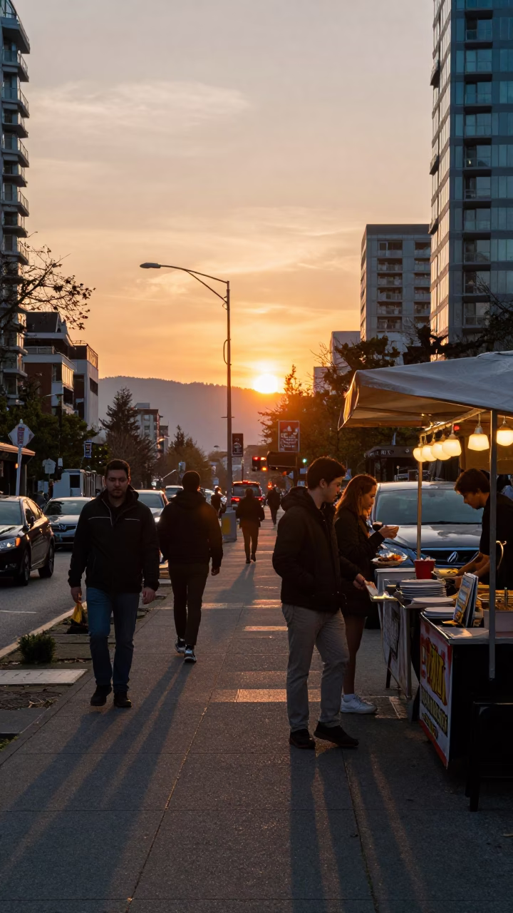 Busy Vancouver Street Scene at Sunset with Local Dining and Urban Details in in Vancouver, British Columbia, Canada