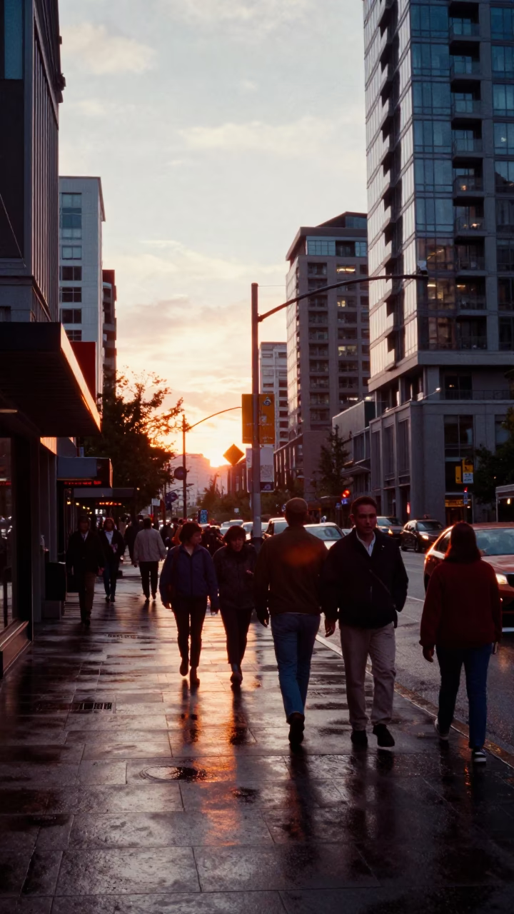 Busy Vancouver Street Scene at Sunset with Local Street Food and Urban Activity in in Vancouver, British Columbia, Canada