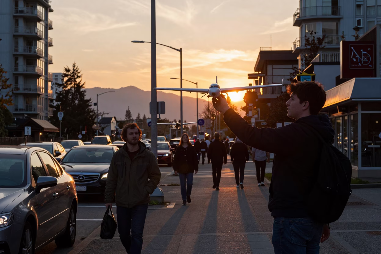 Busy Vancouver Street Scene at Sunset with Model Airplane and Casual Local Interaction in in Vancouver, British Columbia, Canada