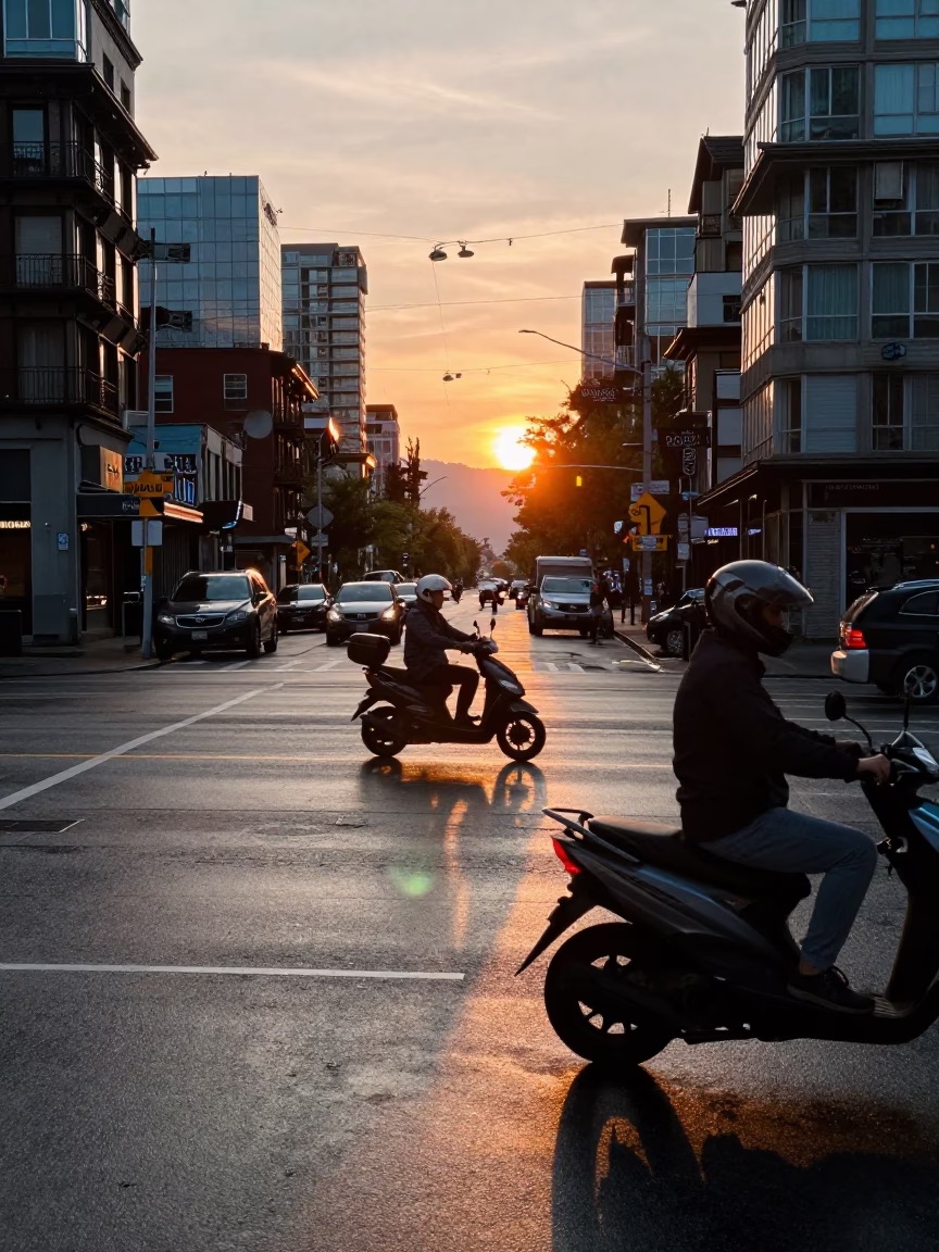 Busy Vancouver Street Scene at Sunset with Scooter and Dhow Poster in in Vancouver, British Columbia, Canada