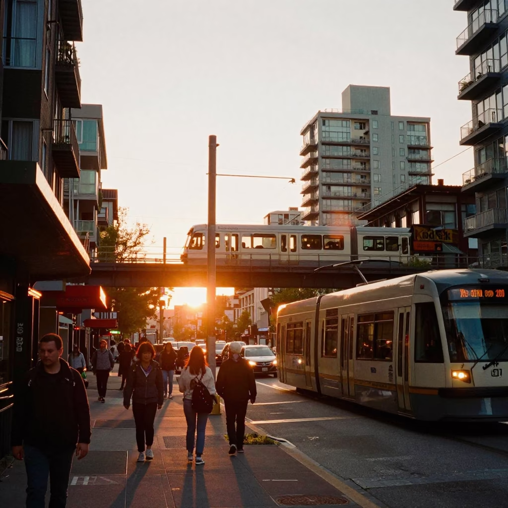 Busy Vancouver Street Scene at Sunset with Tram and Pedestrians in in Vancouver, British Columbia, Canada