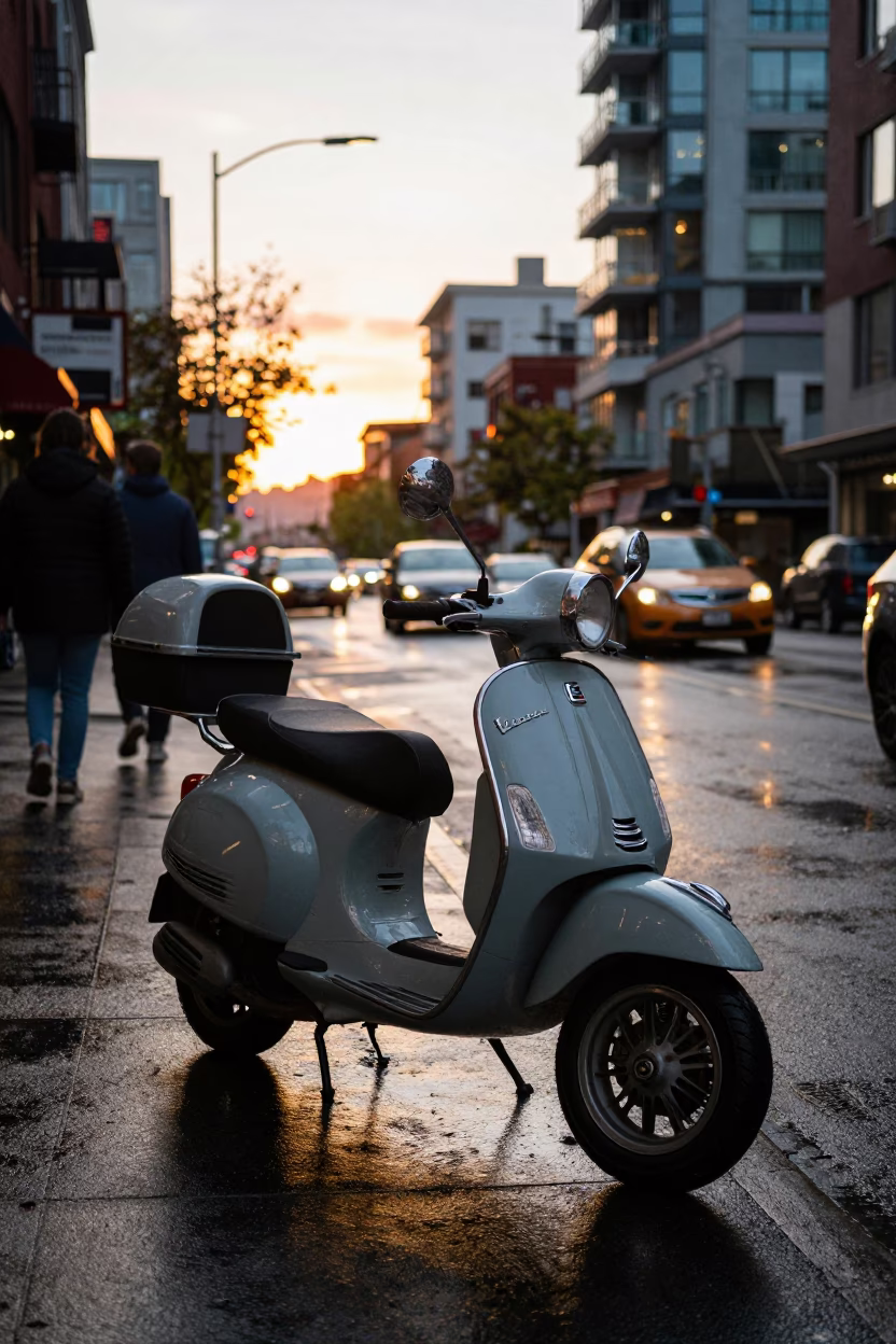 Busy Vancouver Street Scene at Sunset with Vintage Vespa and Urban Activity in in Vancouver, British Columbia, Canada