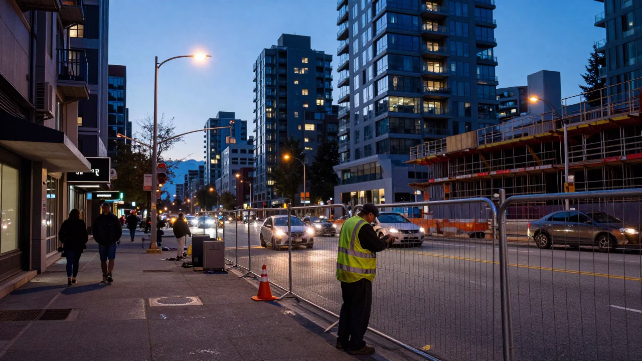 Busy Vancouver Street Scene Before Dawn with Turnbuckle and Latch Details in in Vancouver, British Columbia, Canada