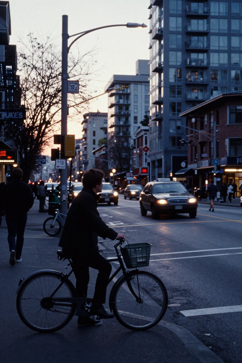 Busy Vancouver Street Scene Before Sunrise with Bicycle and Bakery Window in in Vancouver, British Columbia, Canada