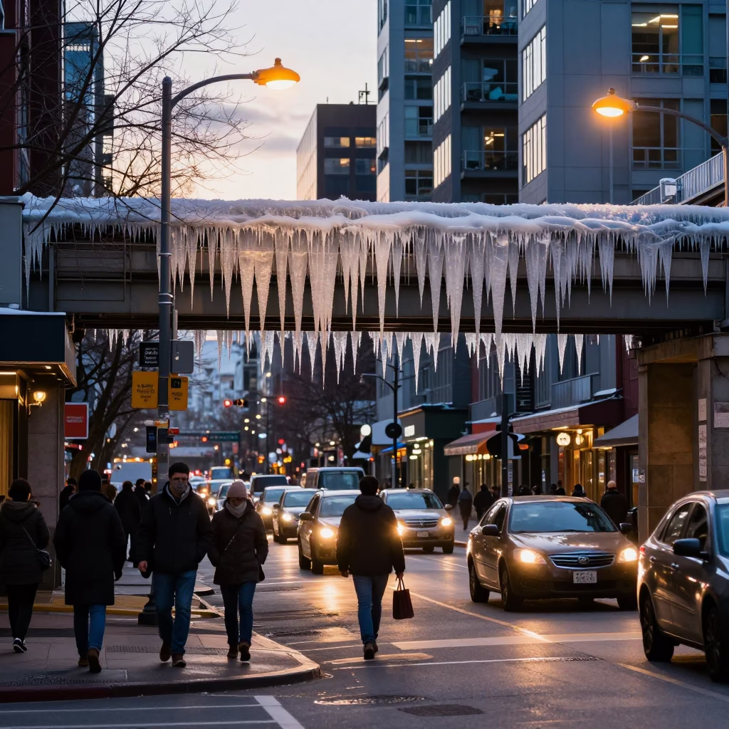 Busy Vancouver Street Scene Before Sunrise with Icicles and Sodium Lamps in in Vancouver, British Columbia, Canada