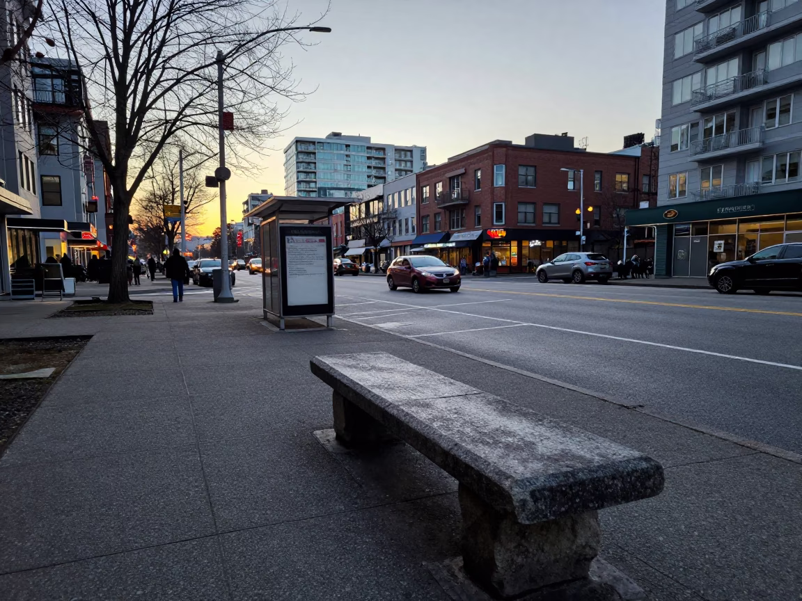 Busy Vancouver Street Scene Before Sunrise with Stone Bench and Rain Boots in in Vancouver, British Columbia, Canada