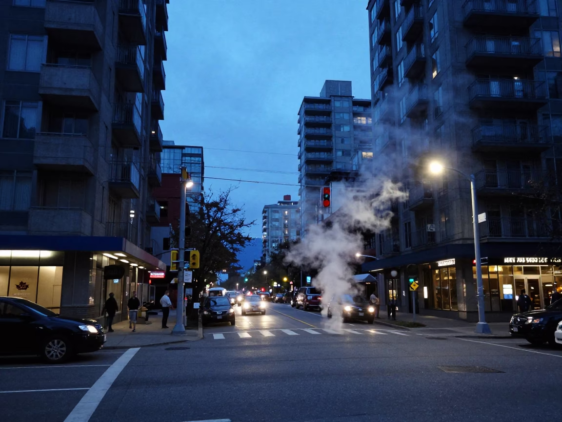 Busy Vancouver Street Scene During Blue Hour with District Heating Pipes and Concrete Architecture in in Vancouver, British Columbia, Canada