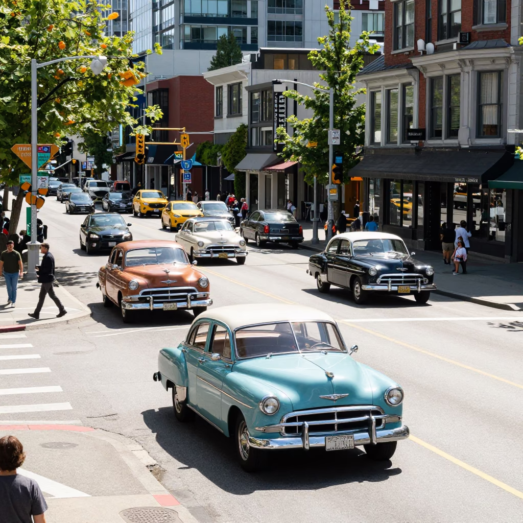 Busy Vancouver Street Scene in Bright Midmorning Light with Vintage 1950s Cars and Pedestrians in in Vancouver, British Columbia, Canada