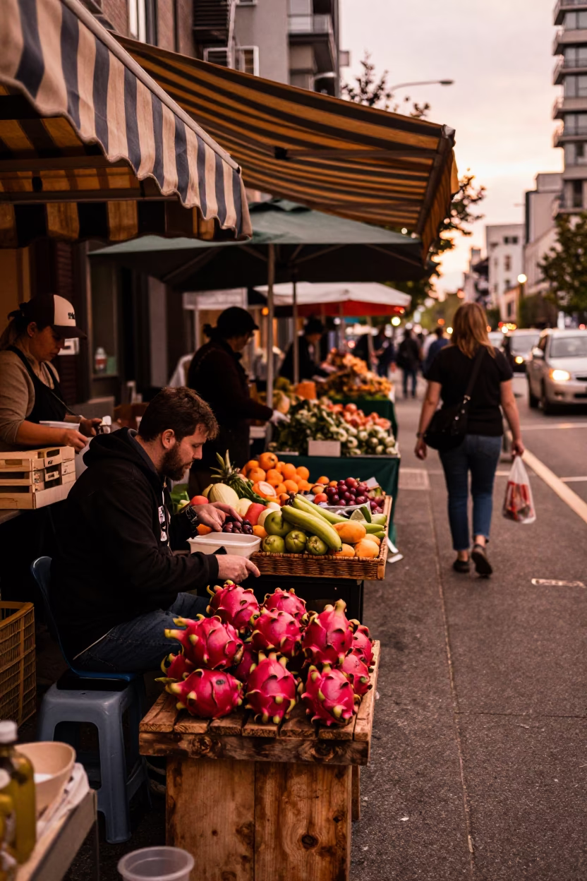 Busy Vancouver Street Scene in Copper Toned Light Before Dusk with Local Market Activity in in Vancouver, British Columbia, Canada