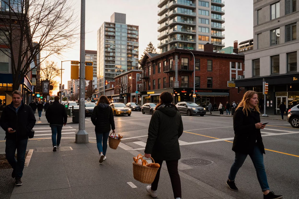Busy Vancouver Street Scene in Honeyed Evening Light with Local Details in in Vancouver, British Columbia, Canada