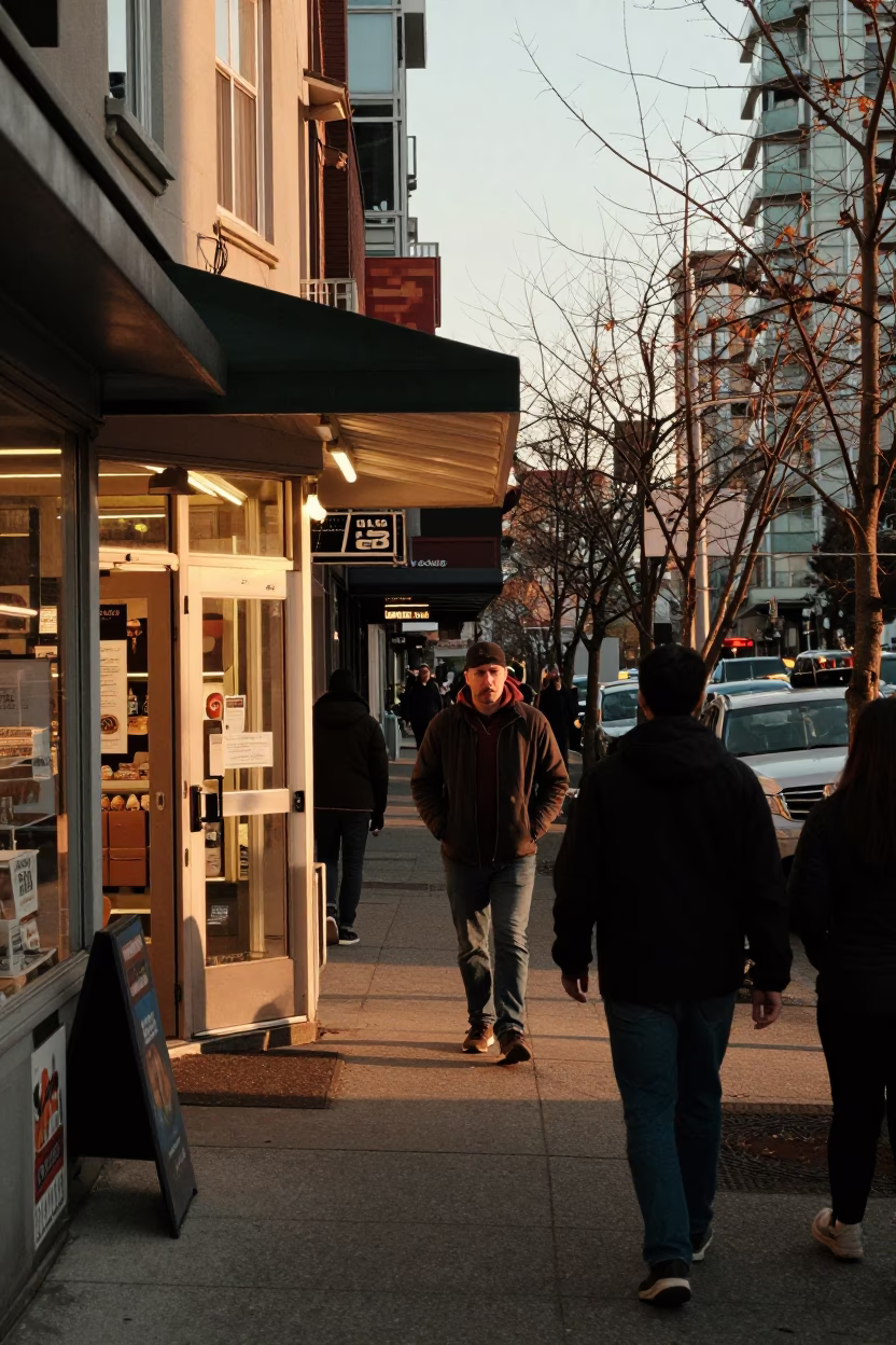Busy Vancouver Street Scene in Honeyed Evening Light with Local Shop Details in in Vancouver, British Columbia, Canada