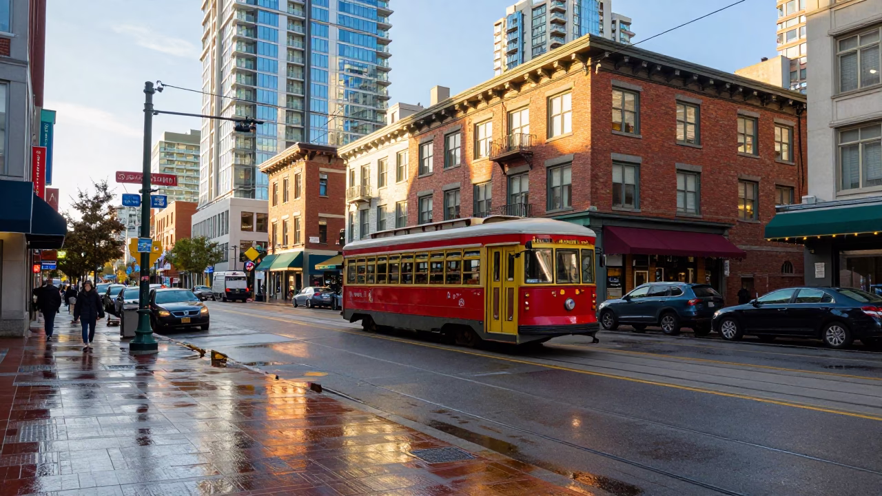 Busy Vancouver Street Scene Just After Sunrise With Colorful Details and Urban Life in in Vancouver, British Columbia, Canada