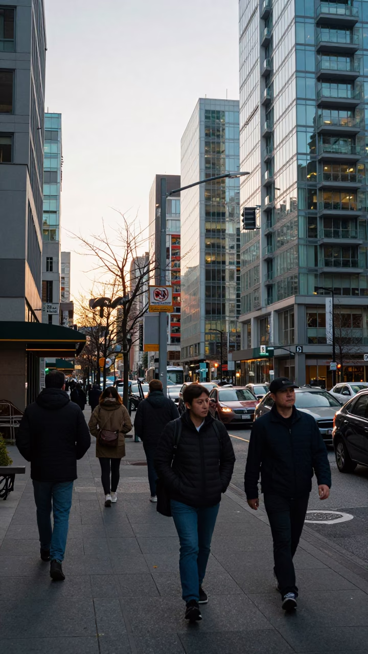 Busy Vancouver Street Scene Just After Sunrise with Commuters and Urban Infrastructure in in Vancouver, British Columbia, Canada