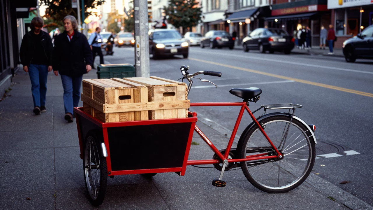 Busy Vancouver Street Scene Late Afternoon with Cargo Bicycle and Local Interaction in in Vancouver, British Columbia, Canada