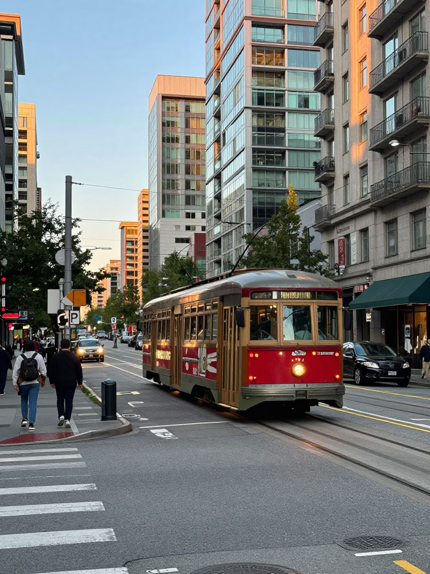 Busy Vancouver Street Scene Late Afternoon with Tram and Urban Life in in Vancouver, British Columbia, Canada