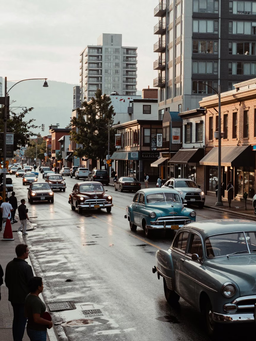 Busy Vancouver Street Scene Late Morning 1950s Era with Flame Tree Bloom in in Vancouver, British Columbia, Canada