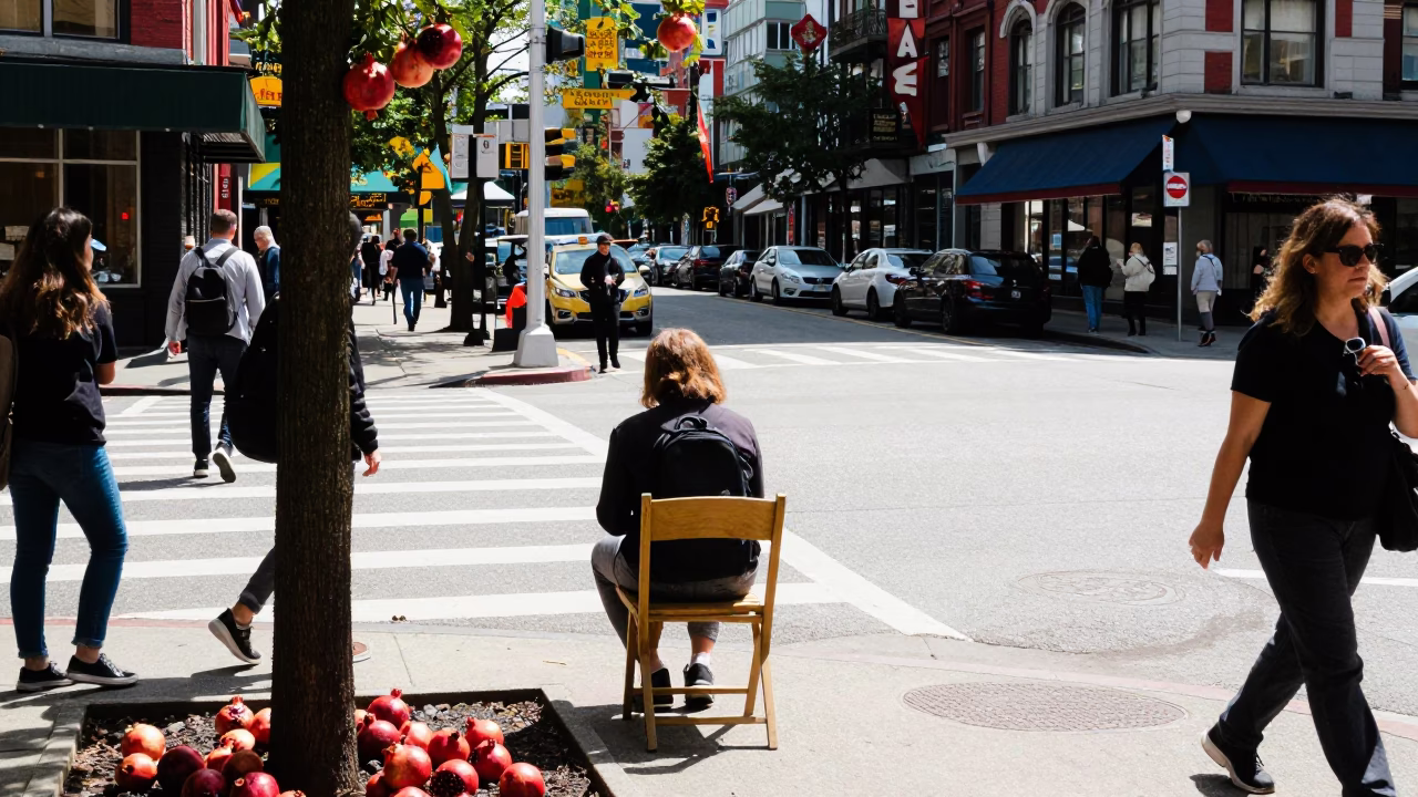 Busy Vancouver Street Scene with Chair and Pomegranate Under Flat Noon Sun in in Vancouver, British Columbia, Canada