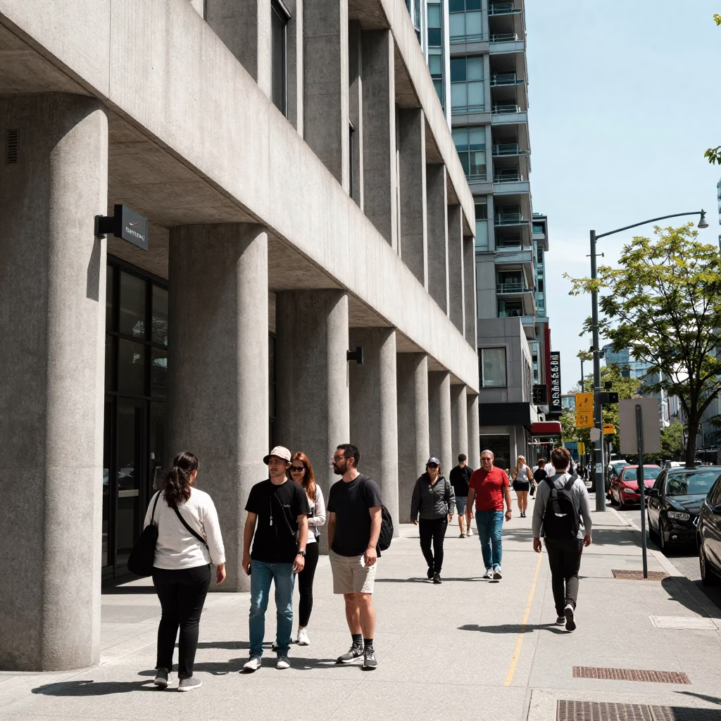 Busy Vancouver Street Scene with Concrete Brutalist Architecture and Fruit Crate at Noon in in Vancouver, British Columbia, Canada